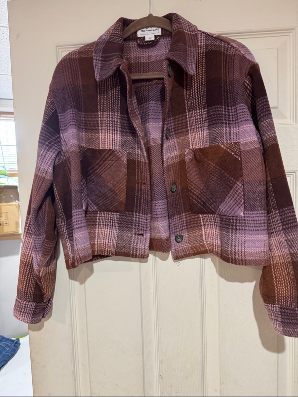 For The Republic Pink and Brown Plaid Cropped Blazer Jacket